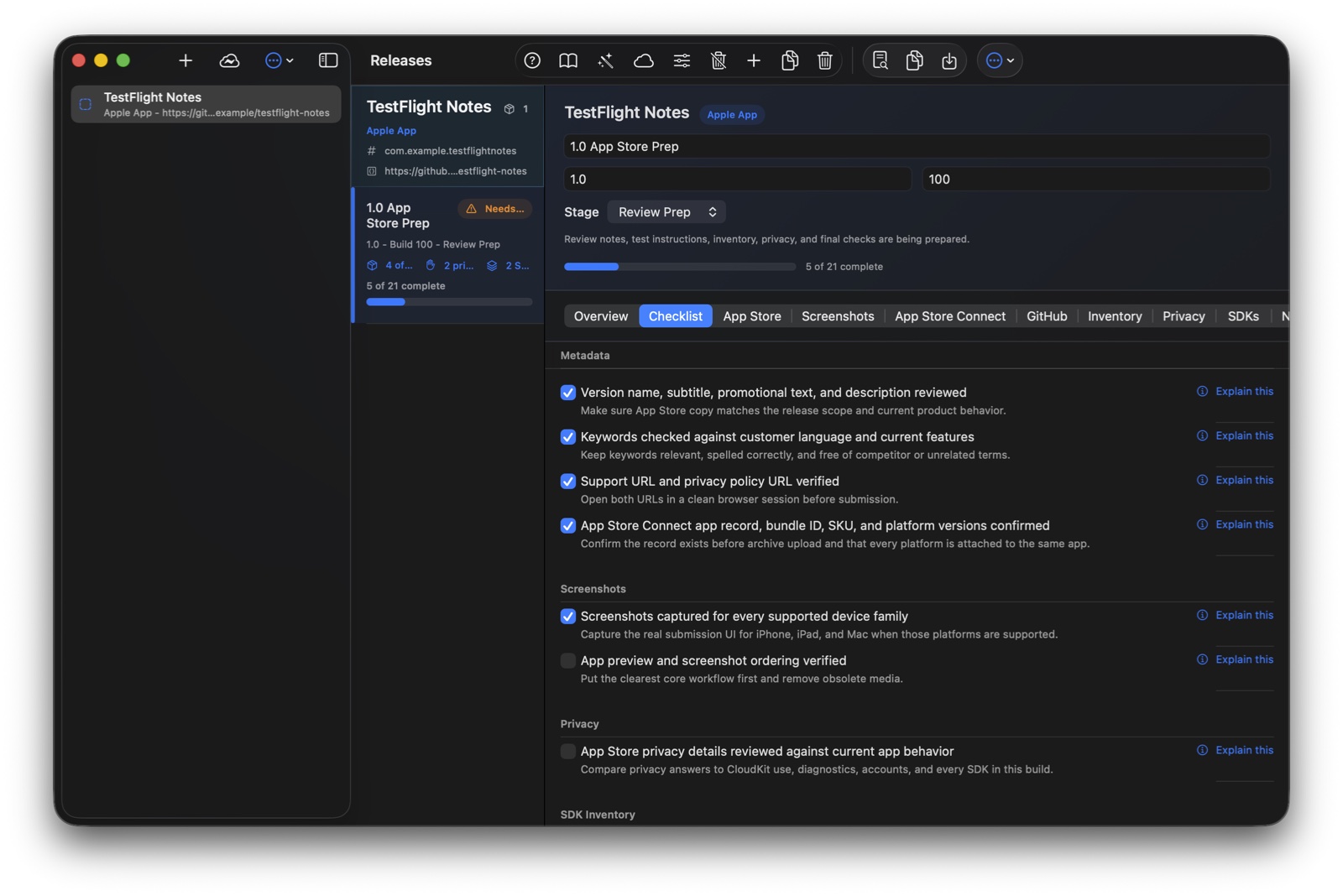 Release Binder Checklist tab with grouped release tasks.