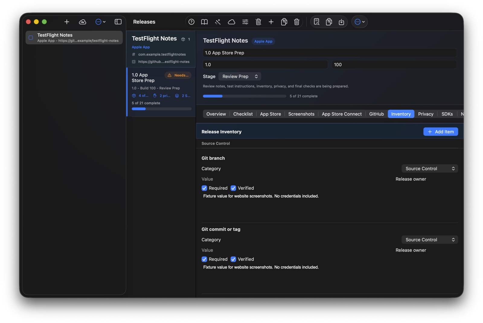 Release Binder Inventory tab with release facts and verification toggles.
