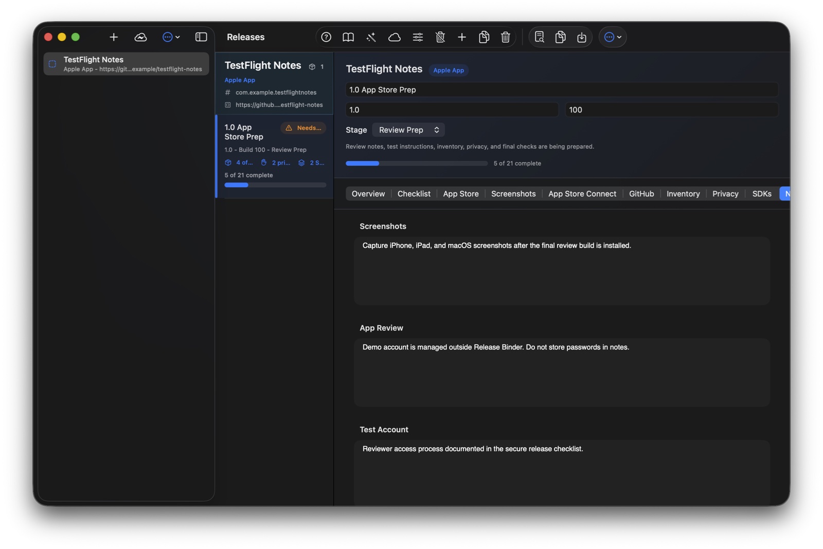 Release Binder Notes tab with screenshot, review, test-account, and submission notes.