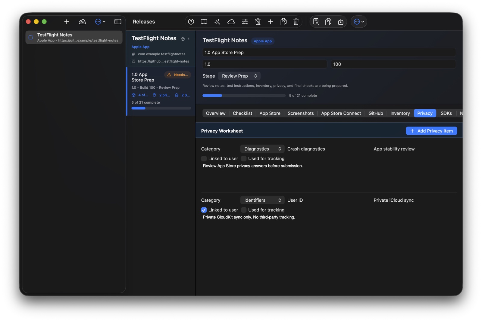 Release Binder Privacy tab with data-use rows and tracking toggles.