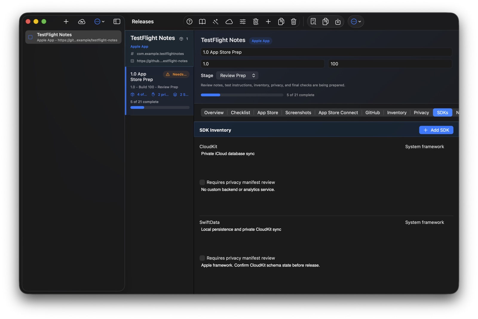 Release Binder SDKs tab with dependency names, versions, privacy review toggles, and notes.