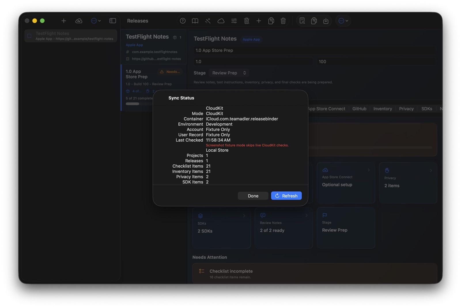 Release Binder Sync Status sheet showing local model counts and CloudKit readiness notes.