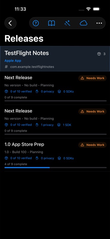 Release Binder running on iPhone with a release list and readiness progress.